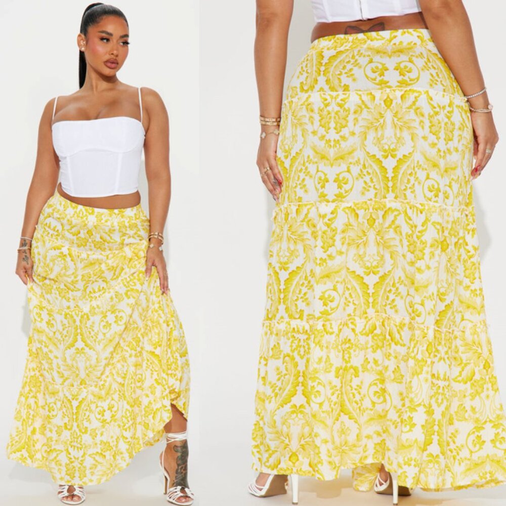 FASHION NOVA CHAYA  BAROQUE TIERED MAXI SKIRT YELLOW SIZE MEDIUM NWT